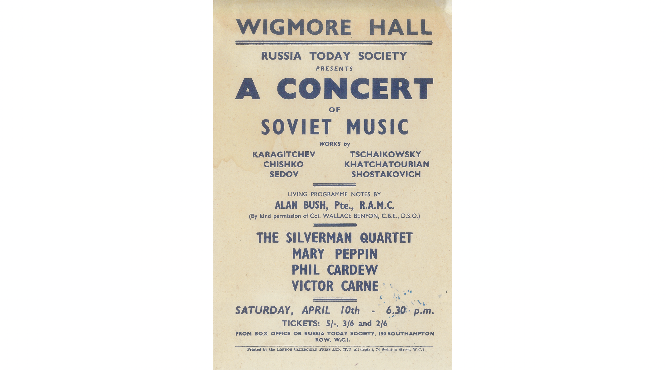 A flyer advertising in big bold letters “A Concert of Soviet Music” presented by Russia Today Society; concert at Wigmore Hall, on Saturday April 10th.